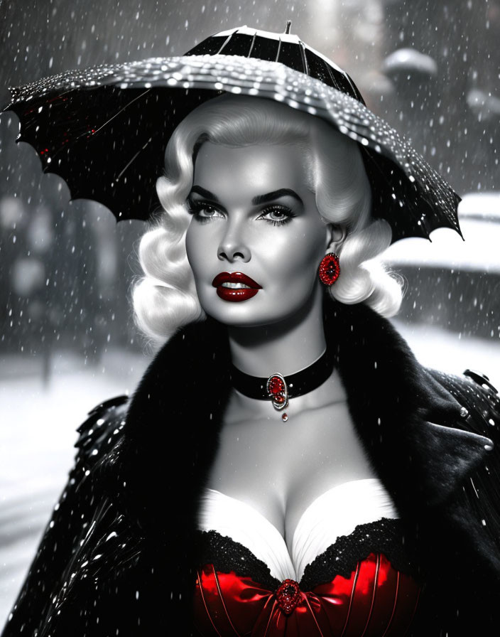 Monochrome image of glamorous woman with red accents in snowy setting