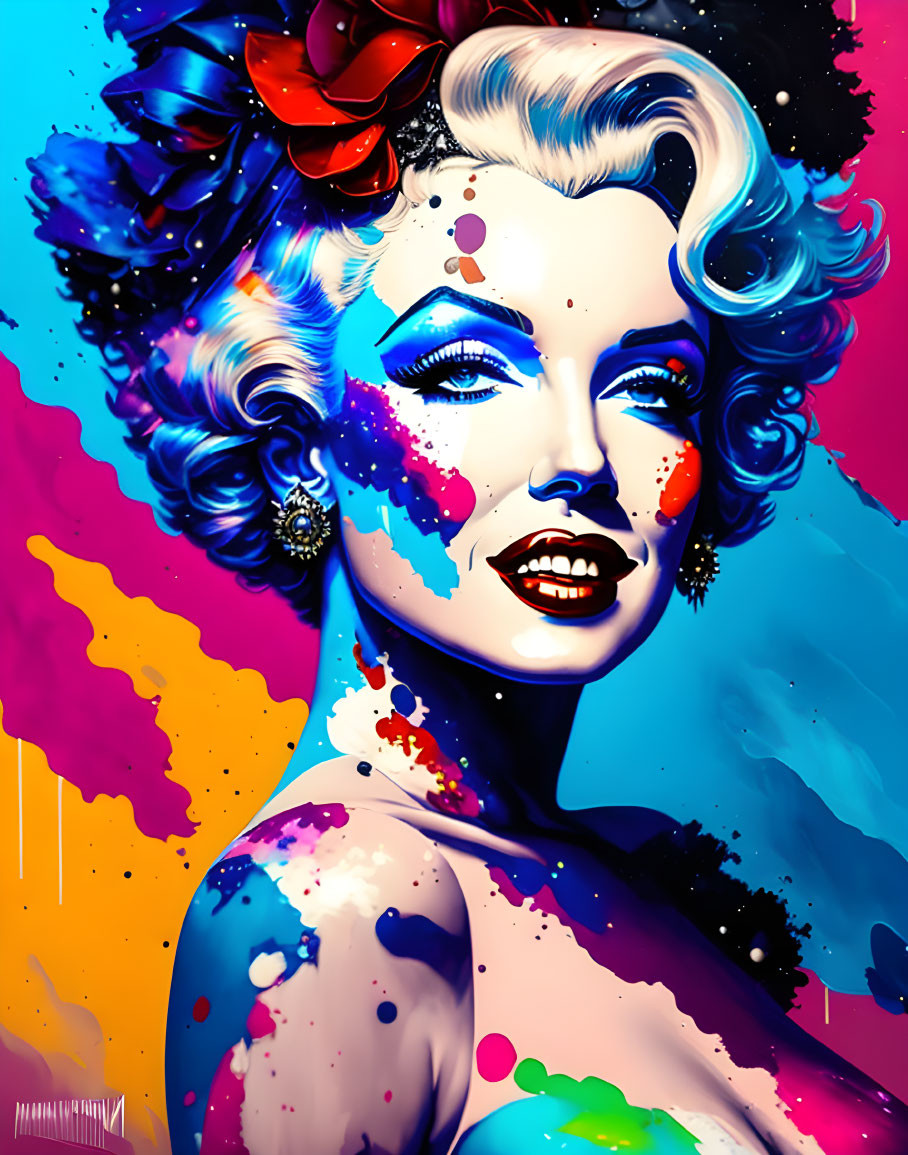 Vibrant portrait of a woman with curly blonde hair and paint splashes on blue and pink background