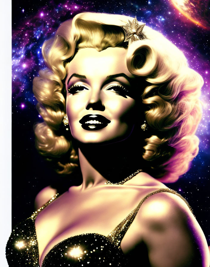 Vintage portrait of woman with wavy blonde hair and star accessory in sparkly dress against cosmic background