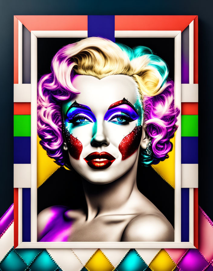 Colorful Pop Art Style Portrait of Woman with Exaggerated Makeup and Retro Hairstyle