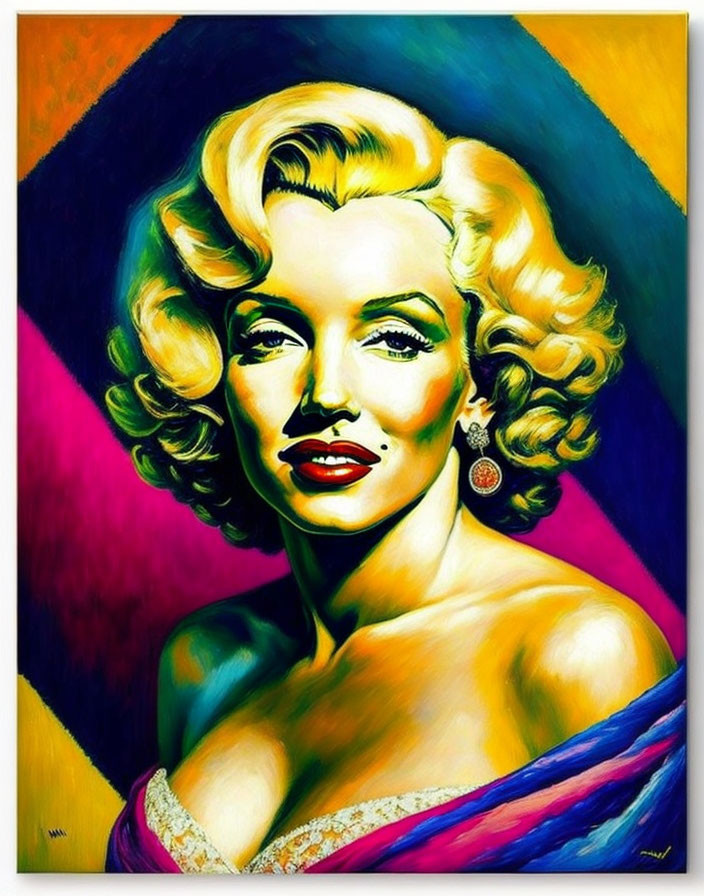 Blonde-Haired Woman Portrait with Red Lips and Colorful Background