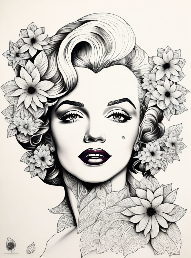 Monochrome illustration of a stylized woman with vintage hairstyle and floral adornments.