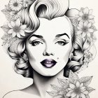 Monochrome illustration of a stylized woman with vintage hairstyle and floral adornments.