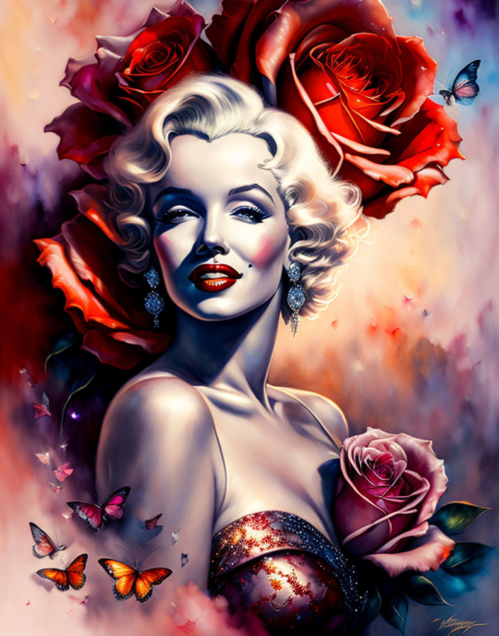 Vibrant portrait of glamorous woman with red roses and butterflies