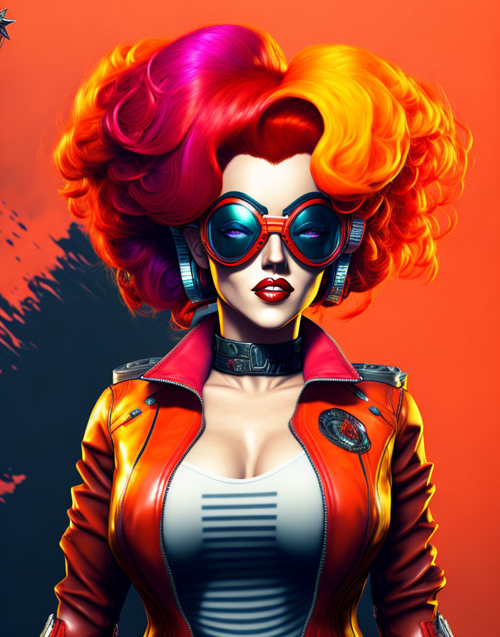 Colorful digital artwork: Woman with voluminous hairstyle, blue sunglasses, orange leather jacket.