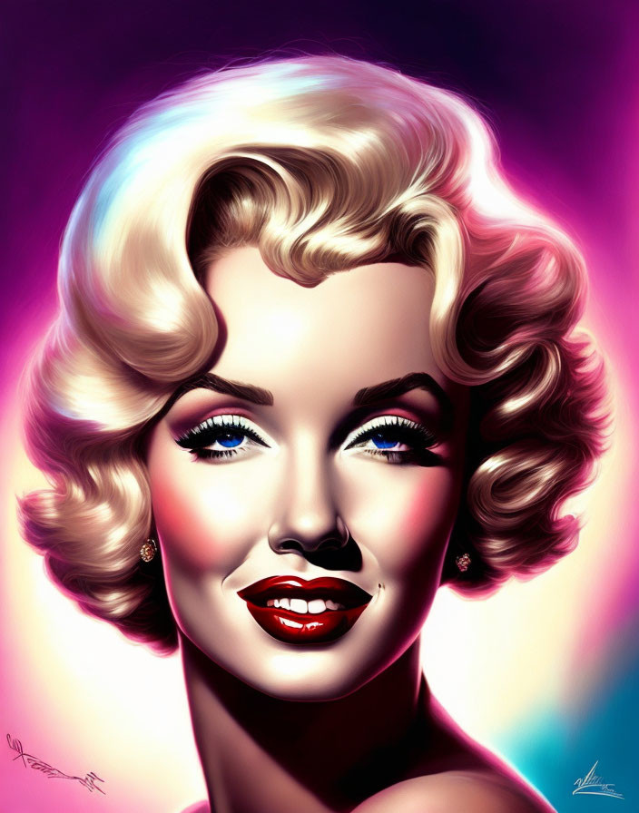 Blonde Curly-Haired Woman with Blue Eyes and Red Lipstick on Pink and Purple Background