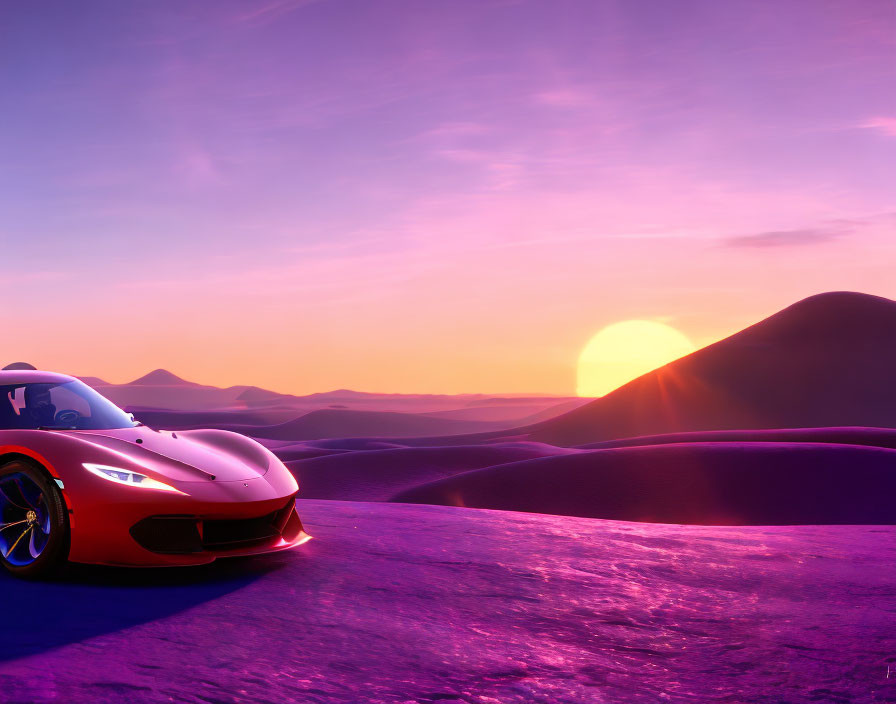 Red sports car on purple terrain with rolling hills and sunset backdrop.