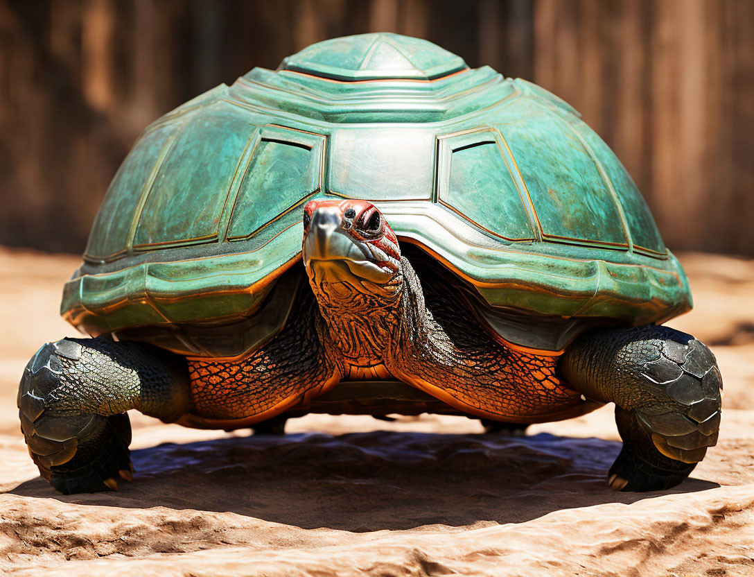 Glossy green shell turtle with orange patterned skin on sandy ground