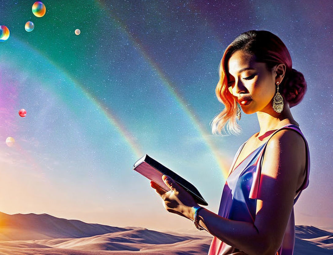 Woman reading book with glowing cover under colorful aurora in surreal desert.