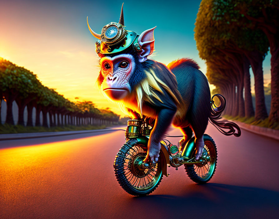 Steampunk-style monkey on bike in digital artwork