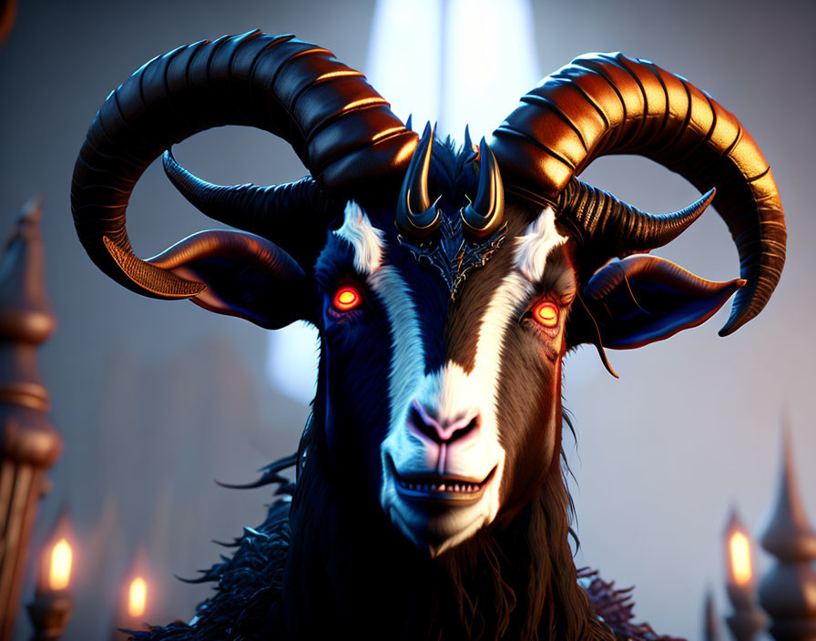 Digital artwork of black goat with large horns and red eyes in candlelit setting