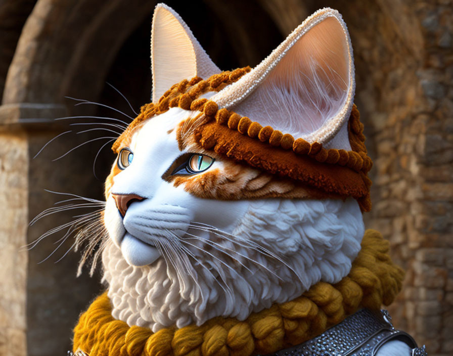 Detailed digital artwork of a cat in medieval armor with blue eyes.