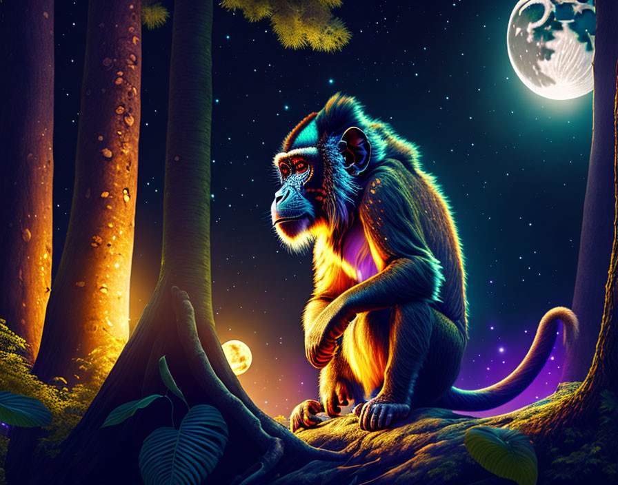 Colorful Monkey Illustration in Moonlit Forest