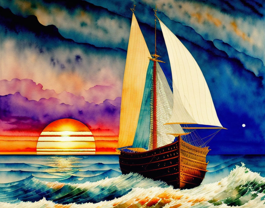 Colorful Watercolor Painting of Sailing Ship at Sunset