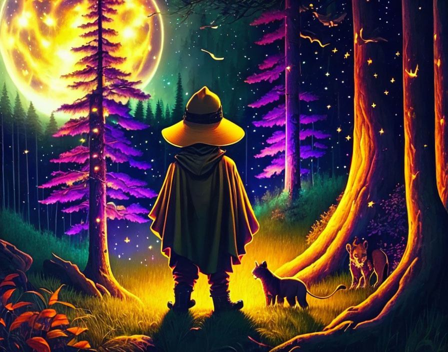 Mysterious figure in wide-brimmed hat in mystical forest at night