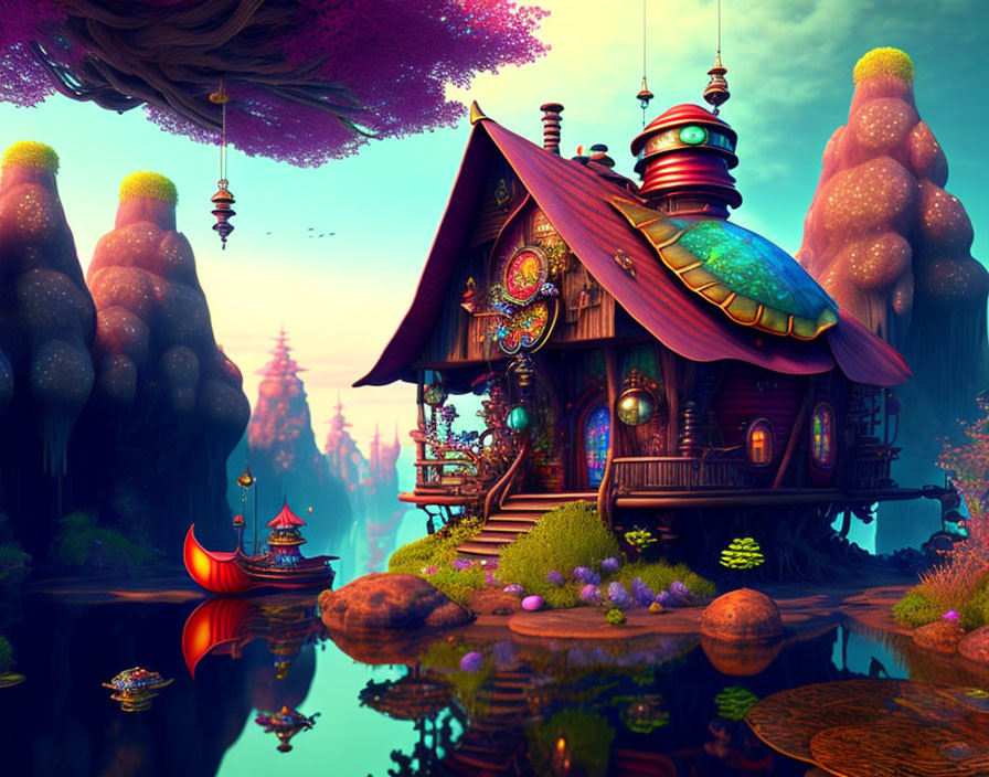 Colorful cottage by reflective lake in fantasy landscape