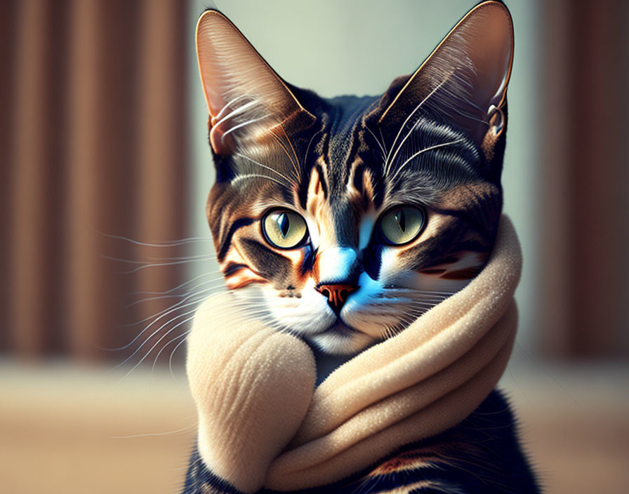 Tabby Cat with Blue Eyes in Cream Scarf on Blurred Indoor Background