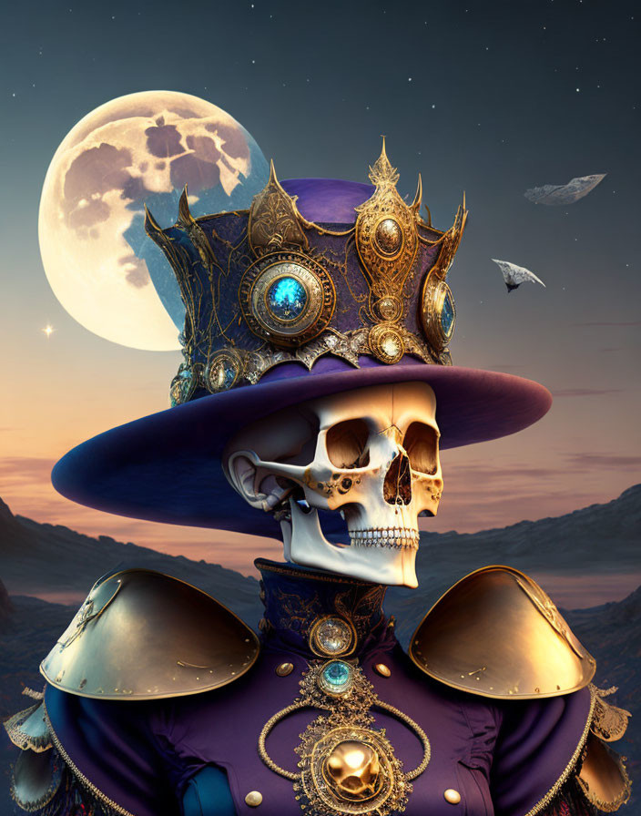 Skull with purple hat, gold jewels, clockwork gears under moonlit sky