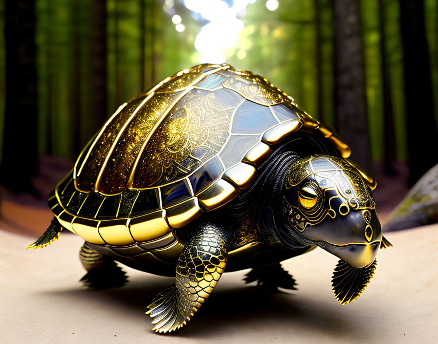 Detailed Mechanical Turtle with Golden and Metallic Accents in Sunlit Wooded Setting