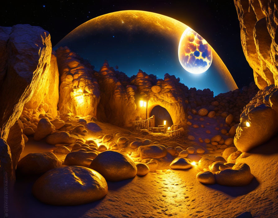 Fantasy cave with glowing stones under night sky, moon, and planet