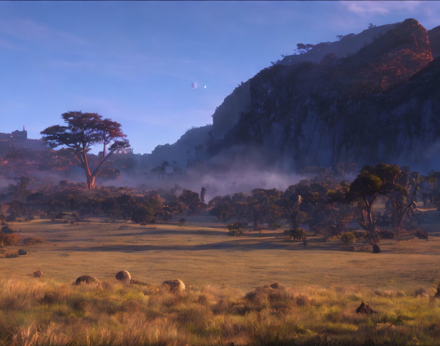 Tranquil dusk landscape with mist, crescent moon, grassy field, and rocky hill