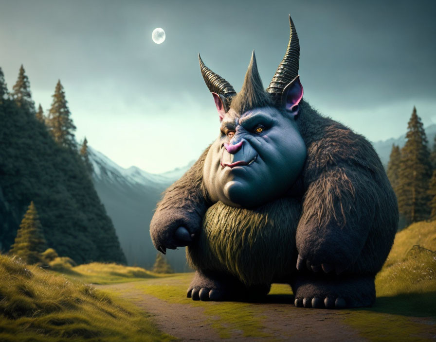 Blue-skinned horned creature on grassy hill at twilight