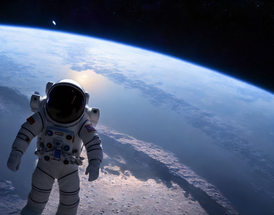 Astronaut in white space suit with Earth's horizon and sun in space