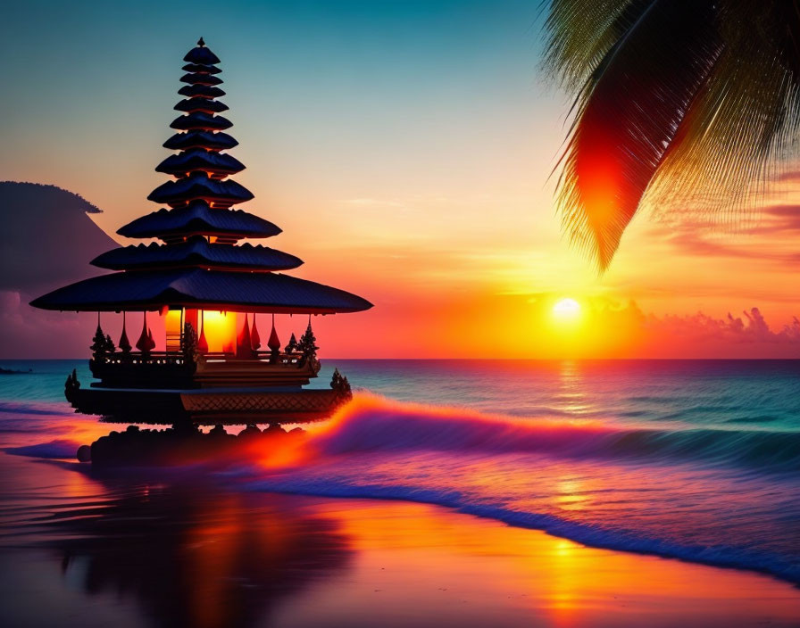 Tranquil seaside sunset with pagoda silhouette, palm leaves, and gentle waves