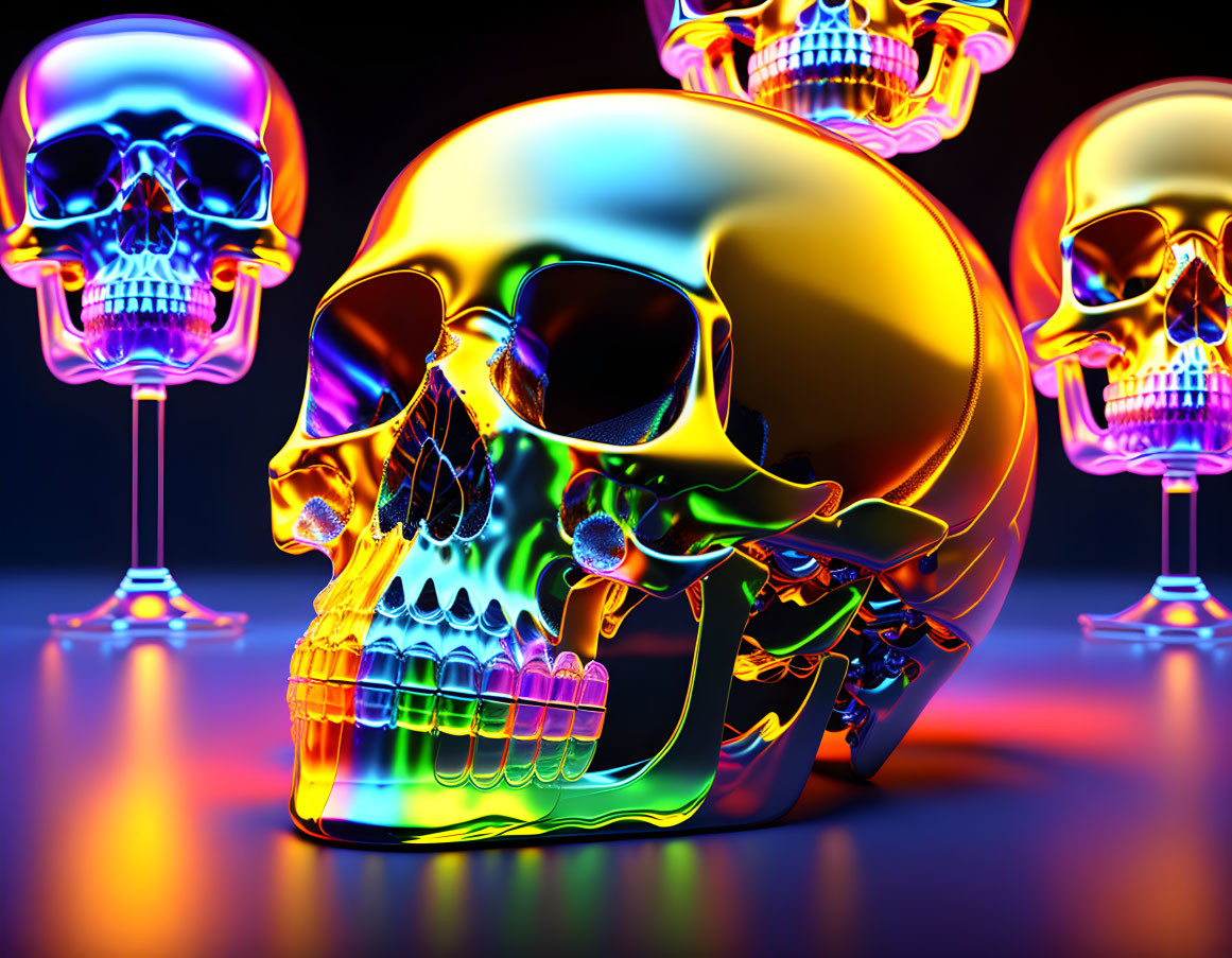 Colorful Neon-Lit Skulls on Reflective Surface