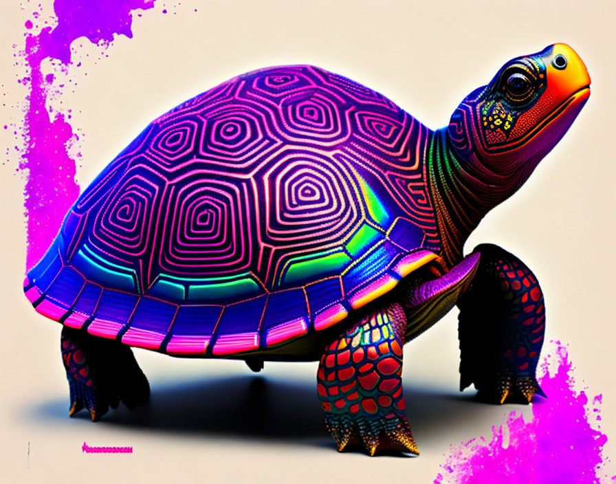 Colorful Tortoise Artwork with Psychedelic Shell on Beige Background