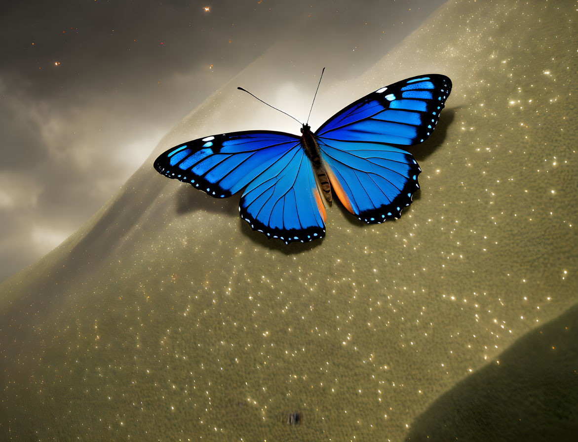 Blue Butterfly with Black and Orange Markings on Sandy Surface at Twilight
