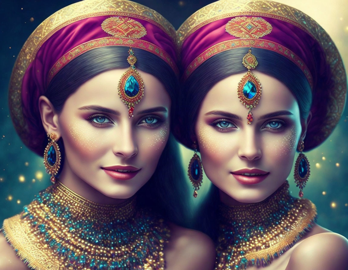 Twin women digital art in South Asian attire with vibrant blue eyes