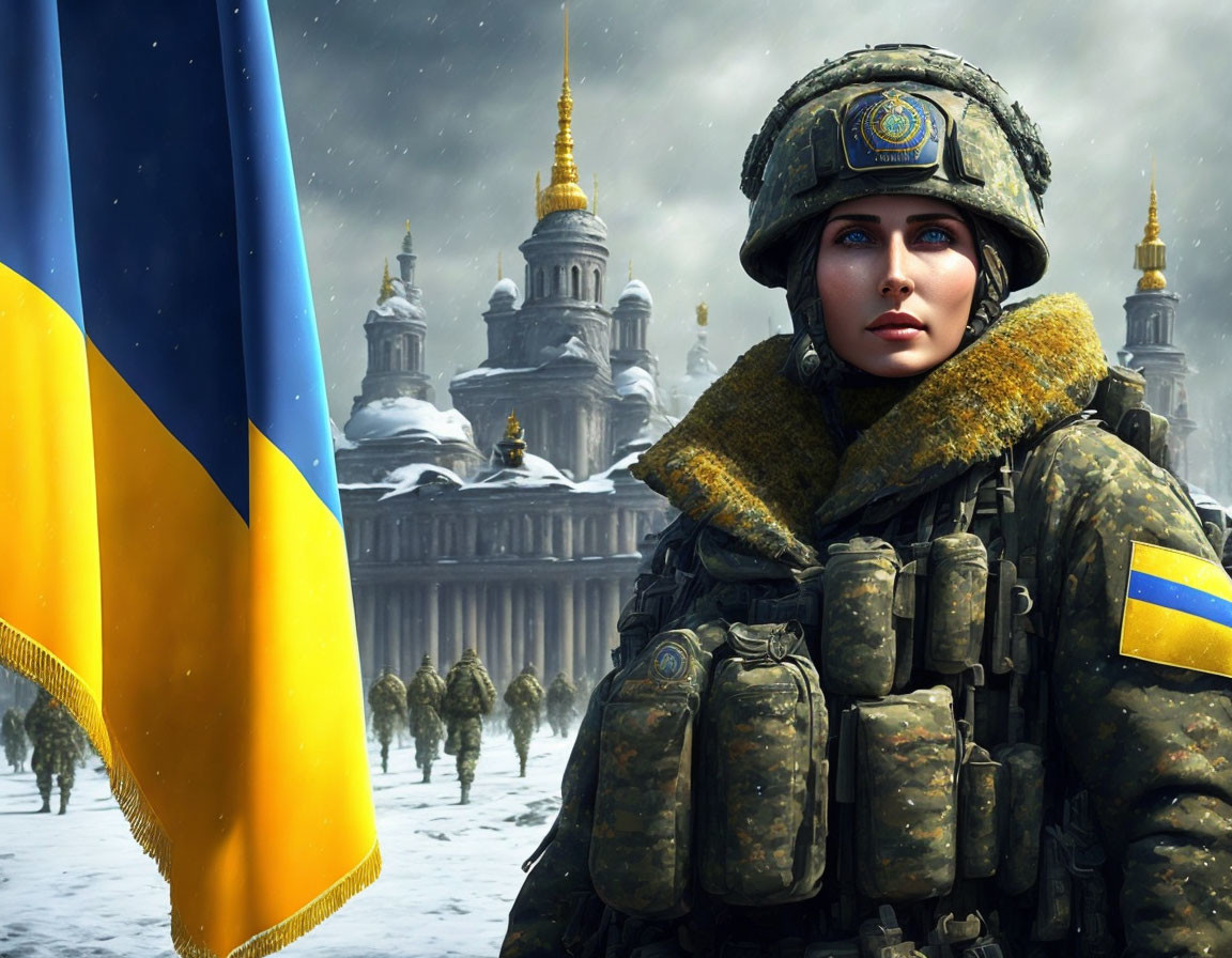 Female soldier in camo gear with badge in snowy landscape with flag and classic building.