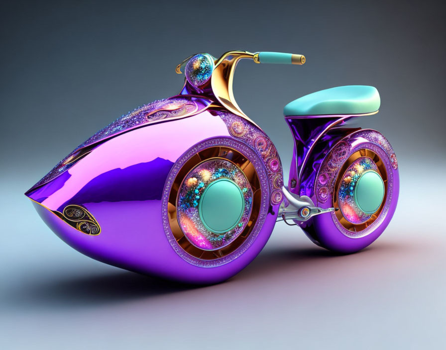 Colorful Ornate Futuristic Motorcycle with Spherical Wheels on Gradient Background