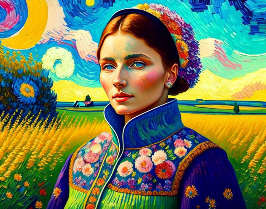 Colorful portrait blending Van Gogh's style with a woman in traditional attire and swirling skies.