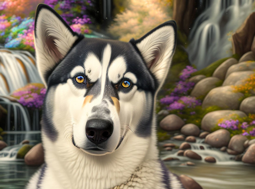 Detailed portrait of husky with striking blue eyes in serene backdrop with waterfalls & flowering plants