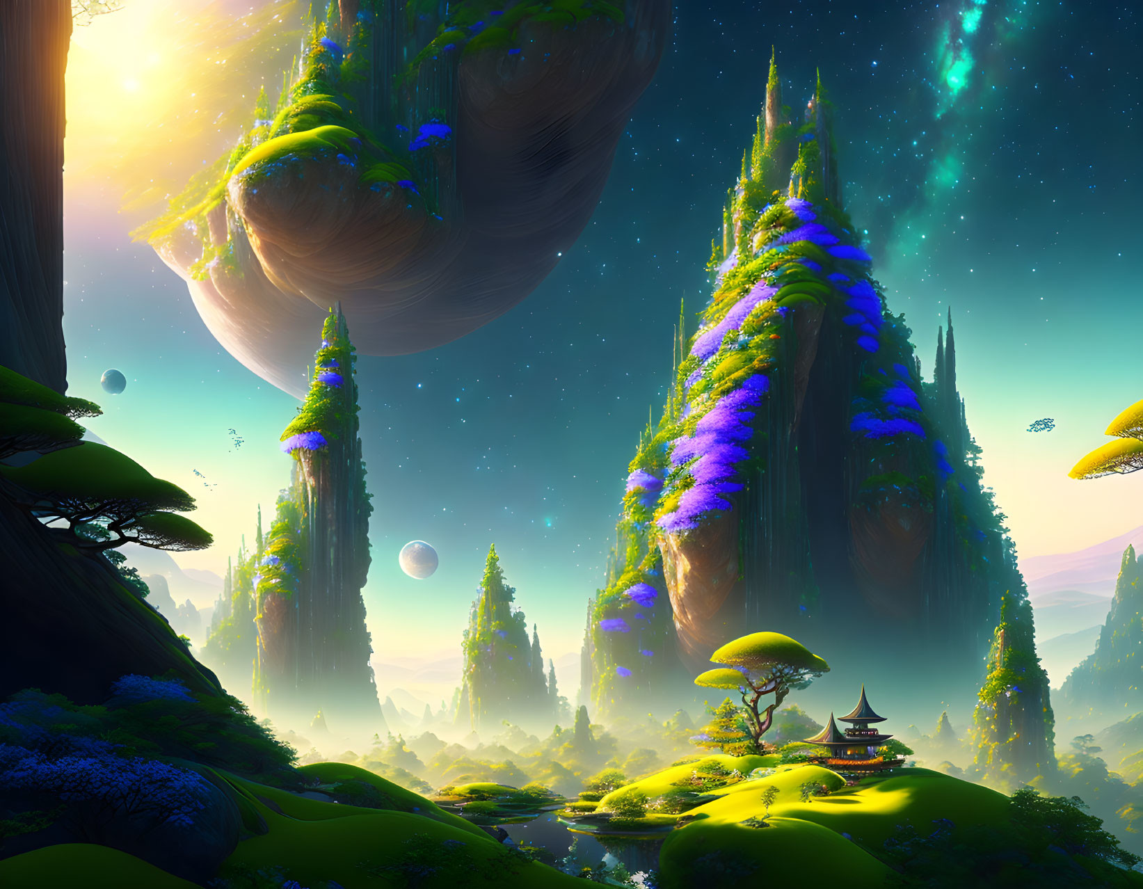 Futuristic sci-fi landscape with floating islands, lush greenery, waterfalls, pagoda,