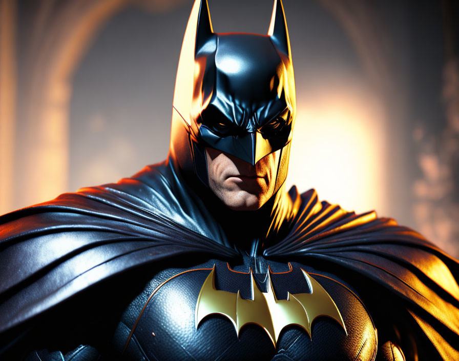 Detailed Close-Up of Batman in Black Suit with Bat Emblem in Intense Pose