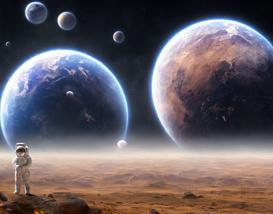 Astronaut on rocky alien surface with large planets and moons in starry sky