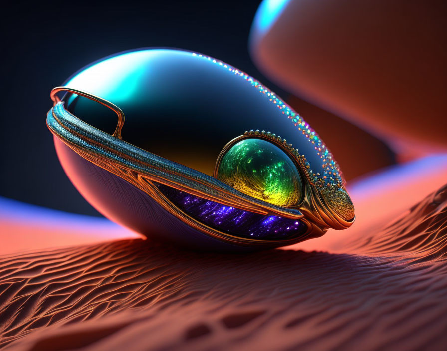 Vibrant digital artwork of reflective clam structure with glowing pearl