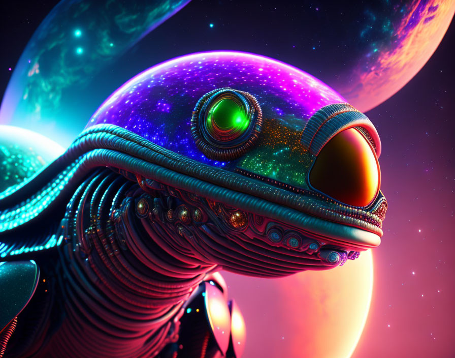 Colorful digital artwork: stylized creature with iridescent skin on cosmic backdrop.