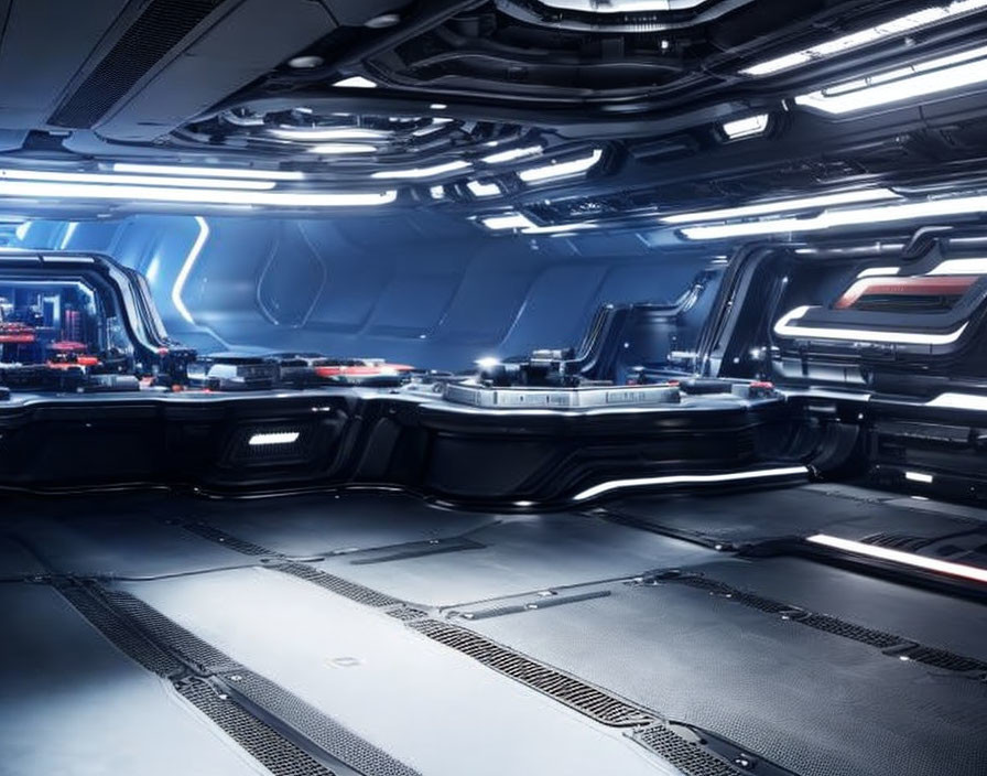 Futuristic Spaceship Interior with Glowing Panels and Advanced Control Stations