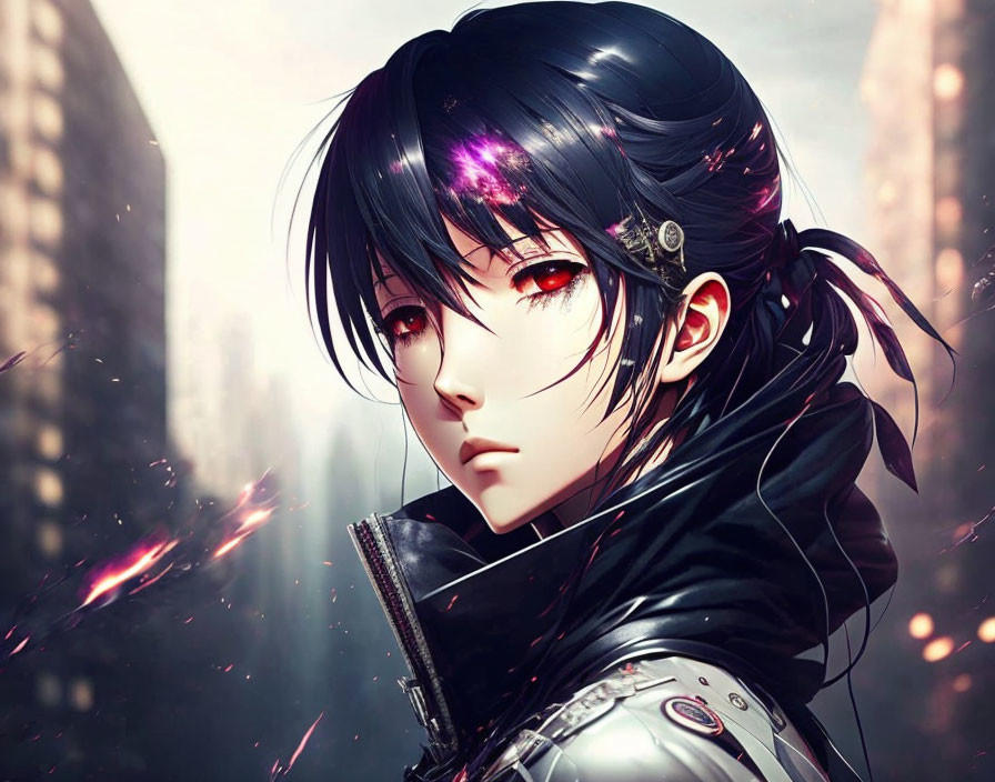 Anime-style female character with red eyes, black hair, and cybernetic elements in urban setting with