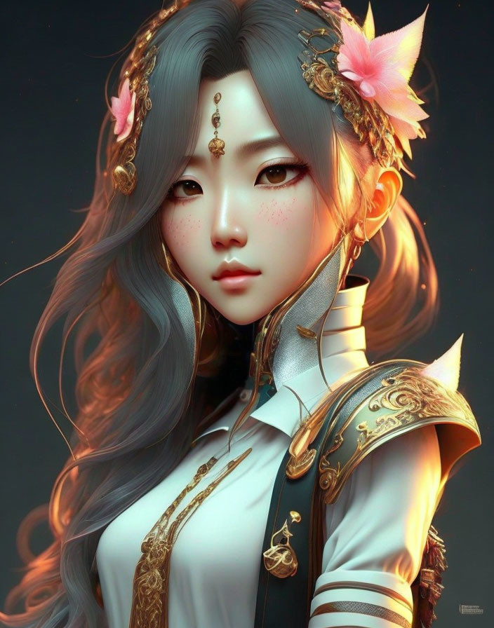 Ethereal woman with long wavy hair, floral accessories, golden armor, and facial markings