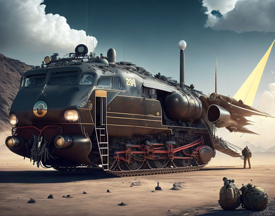 Surreal image: Train with jet engines in desert landscape