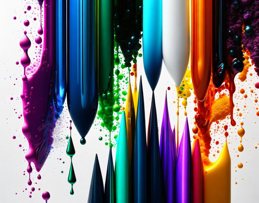 Colorful liquid drips in dynamic array on white background