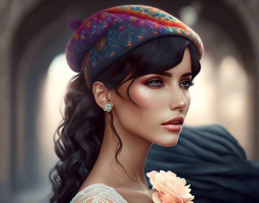 Digital artwork of elegant woman with wavy hair, beret, earring, and rose dress in