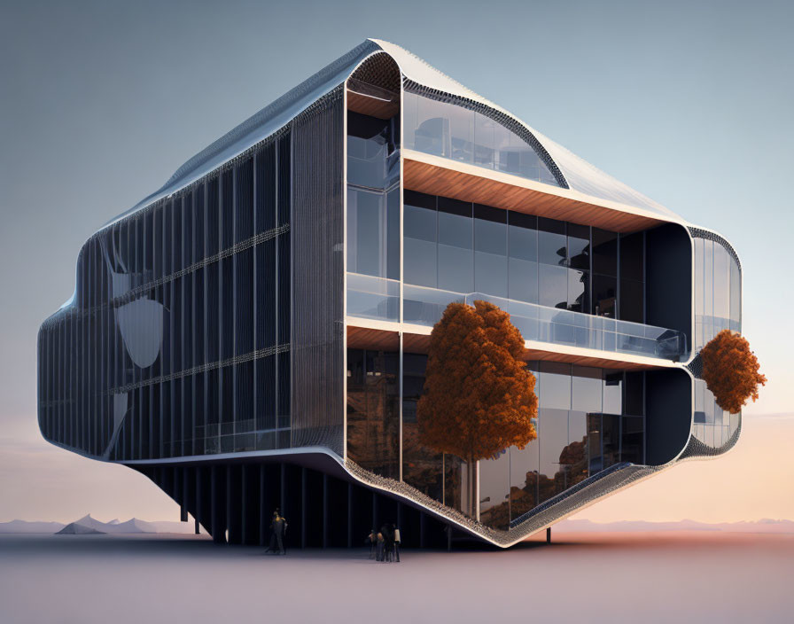 Curved modern building with large glass windows and reflective facade at sunset