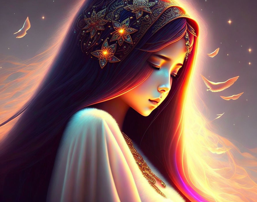 Illustrated woman with dark hair and starry headpiece in mystical setting