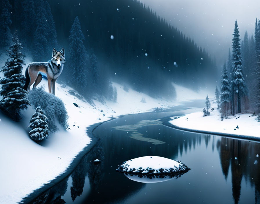 Winter forest scene: wolf on snowy riverbank with serene river and falling snowflakes